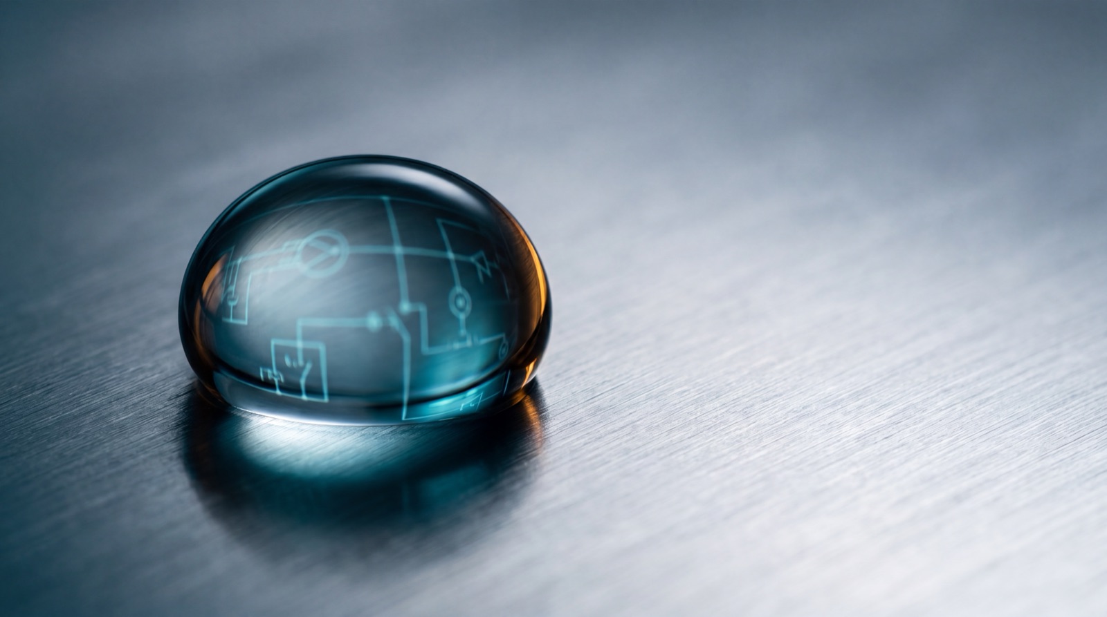 Water droplet on brushed stainless steel surface, with chemistry schematic reflected inside — representing precision water-treatment chemistry.