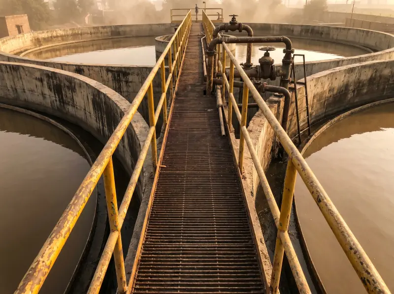 Textile mill ETP catwalk between clarifier basins — anchor case study at a Faisalabad dye-house