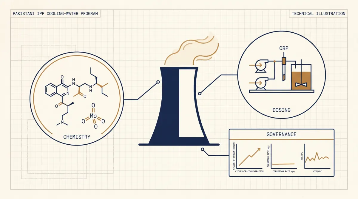 IPP cooling water program charter diagram — biocide rotation chemistry, dosing skid, and KPI governance dashboard