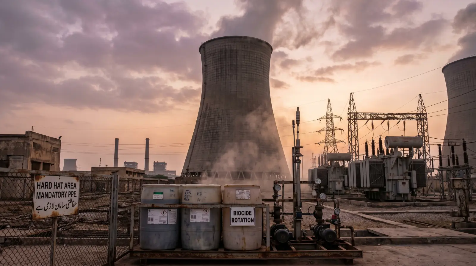Pakistani IPP cooling tower at dawn with chemical dosing skid in foreground — Karachi K-Electric aesthetic