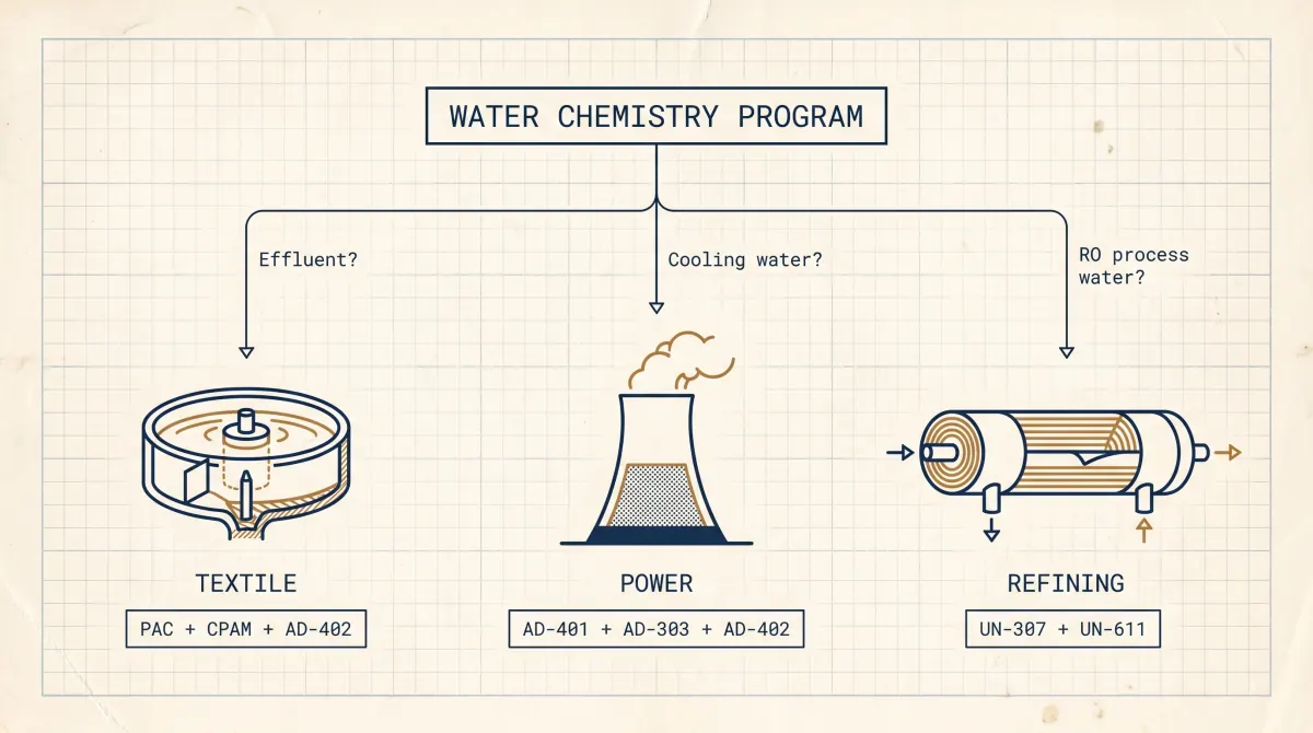 Water Chemistry Program selector — three branches descending from a root: Textile (PAC + CPAM + AD-402), Power (AD-401 + AD-303 + AD-402), Refining (UN-307 + UN-611)