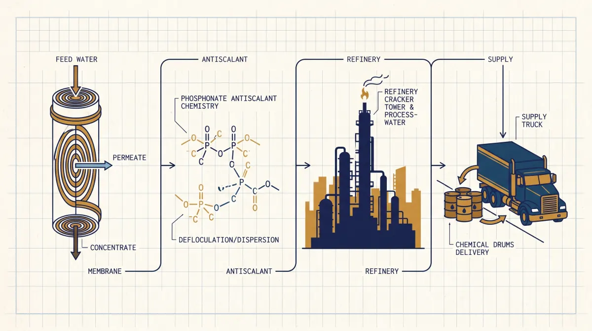 Refinery process water program charter diagram — RO membrane, antiscalant chemistry, refinery cracker tower, and supply chain