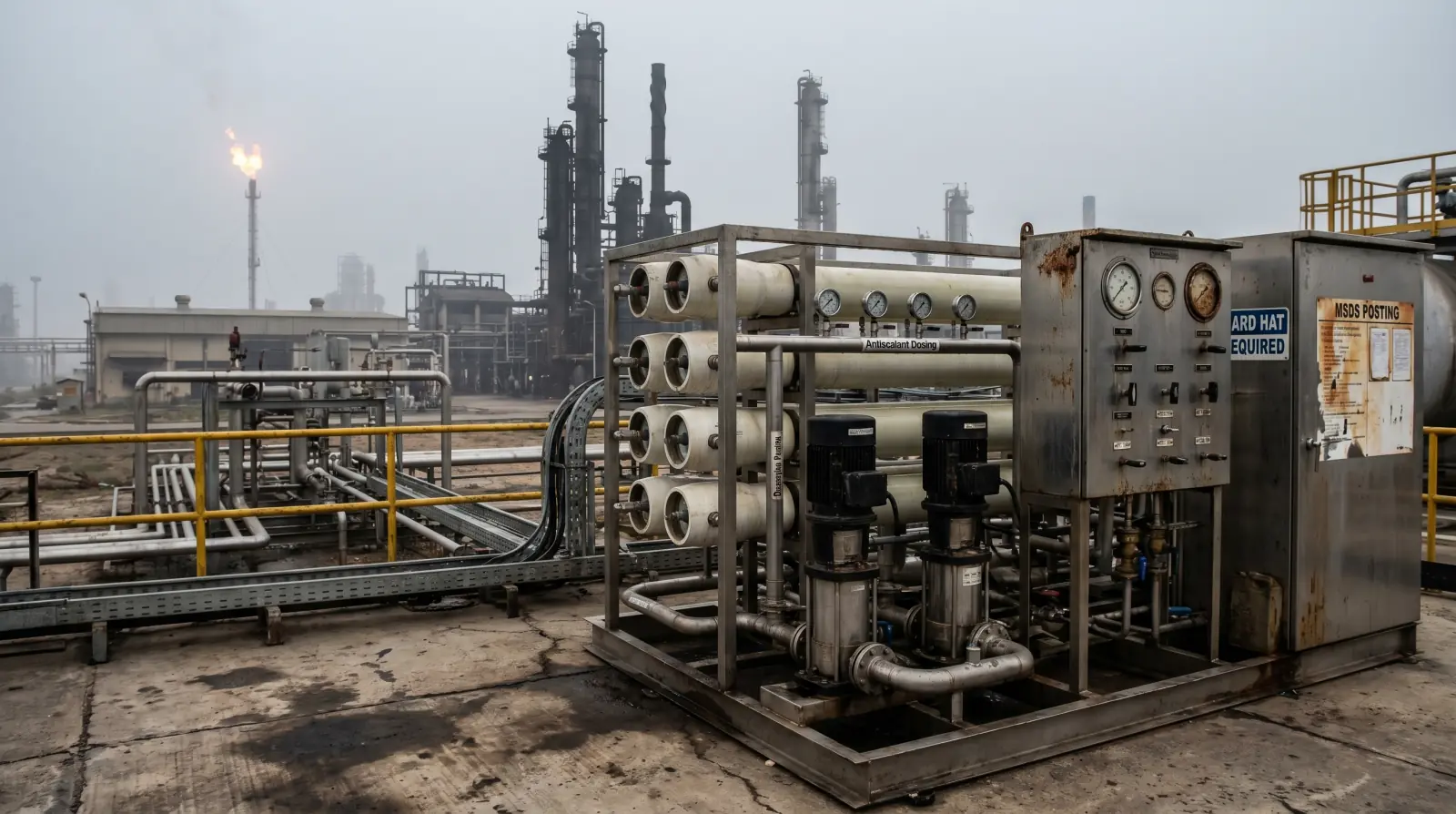 Pakistani refinery RO process-water skid with high-pressure piping and instrumentation — PARCO/PRL aesthetic