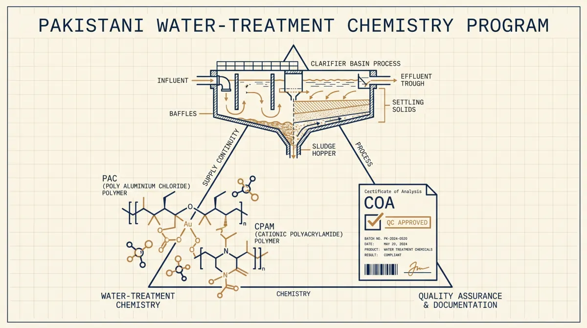 Textile ETP program charter diagram — PAC and CPAM chemistry, clarifier process, and COA-per-batch supply continuity