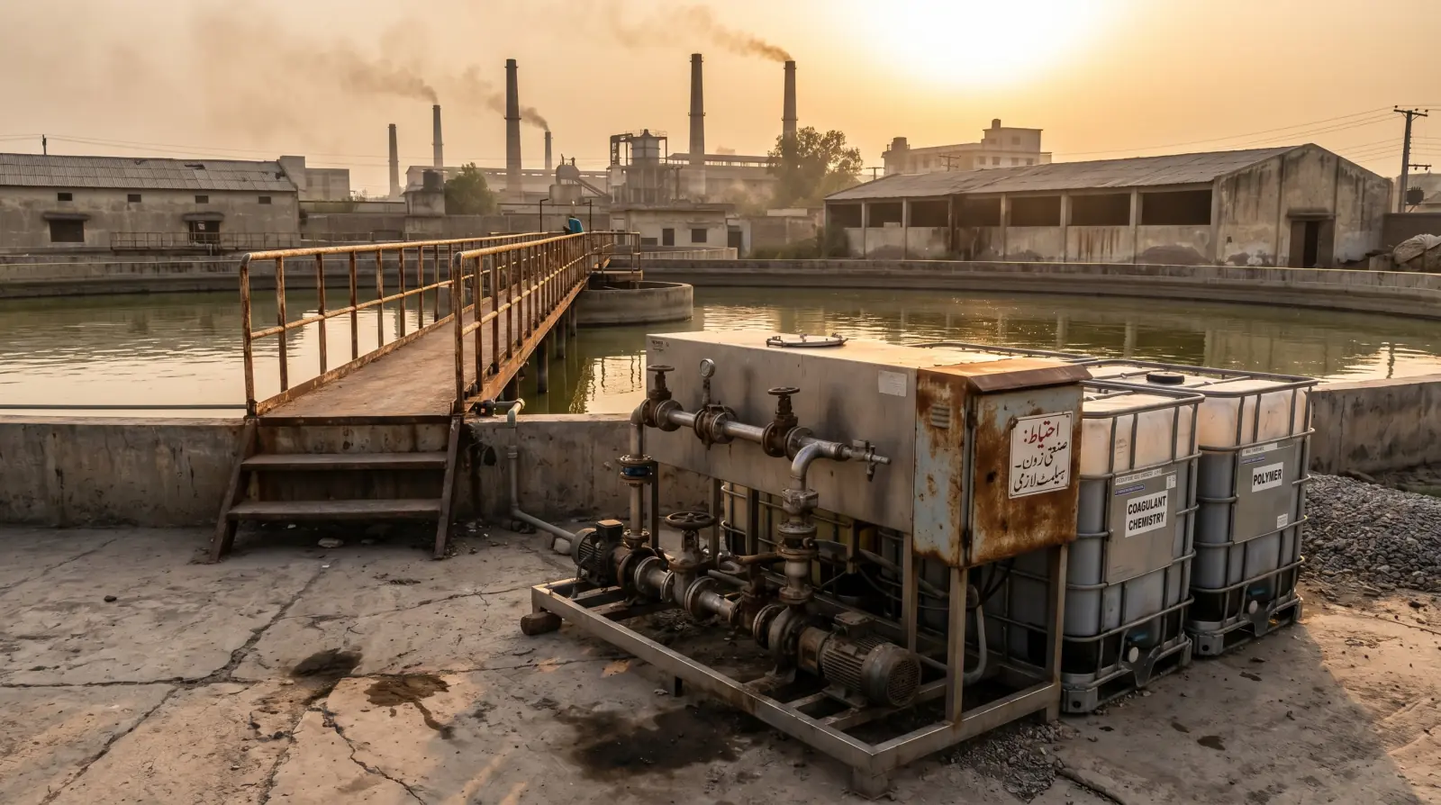 Pakistani textile mill effluent treatment plant in Faisalabad — clarifier basins, dosing skid, and ETP catwalk in late-afternoon light