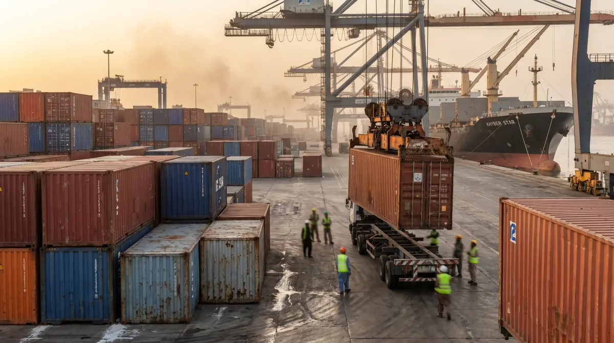 Karachi Port (KPT / KICT) container yard — stacked shipping containers and gantry crane handling chemistry shipments inbound for AAS