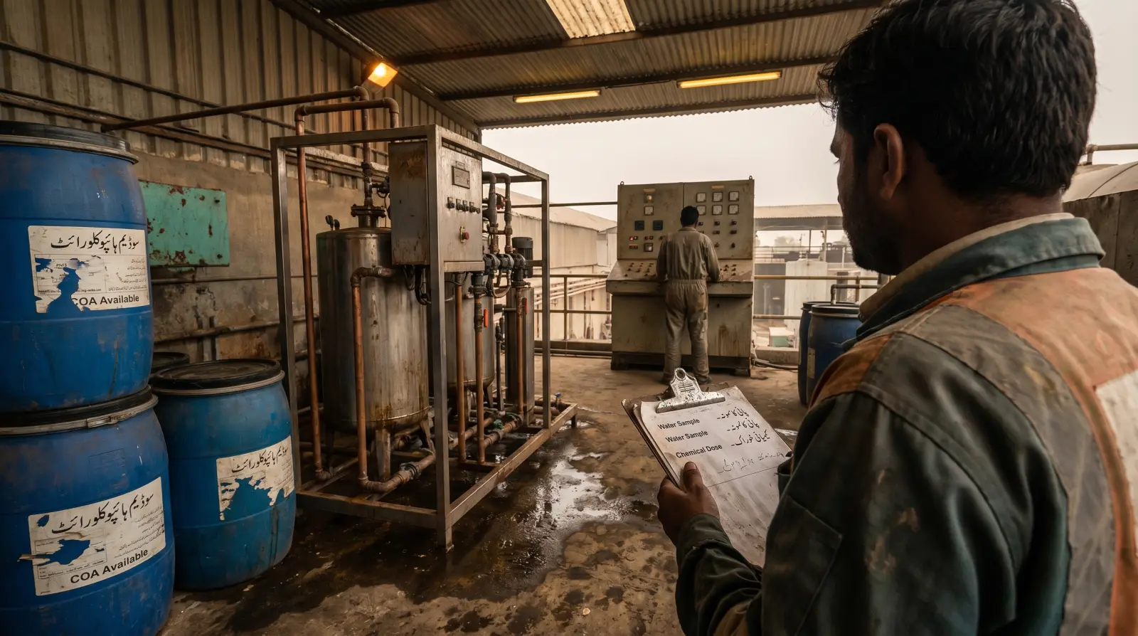 Pakistani procurement engineer holding a checklist in front of a stainless-steel chemical dosing skid, weathered HDPE chemistry drums with COA labels, and a plant operator at a control panel — Karachi industrial belt.