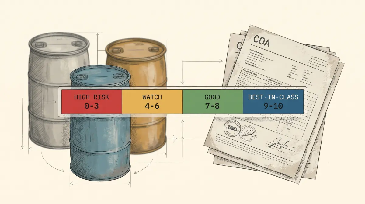 Four-band verdict gauge: High Risk 0-3 (red), Watch 4-6 (amber), Good 7-8 (green), Best-in-Class 9-10 (blue) — overlaid on chemistry drums and a stack of COA documents.