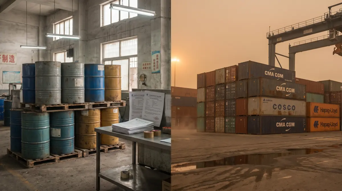 Split-frame composition: Shaanxi Ande chemistry factory floor with weathered drums and bilingual COA documents on the left, Karachi Port container yard with shipping containers and gantry crane on the right — the China-Pakistan sourcing corridor.