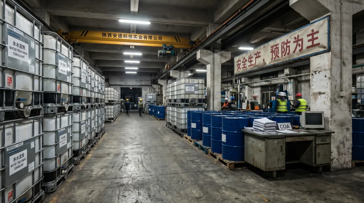Shaanxi Ande Technology Industry Co. factory floor — stacked IBC totes of water-treatment coagulant and blue steel chemical drums on pallets, COA paperwork on a warehouse desk